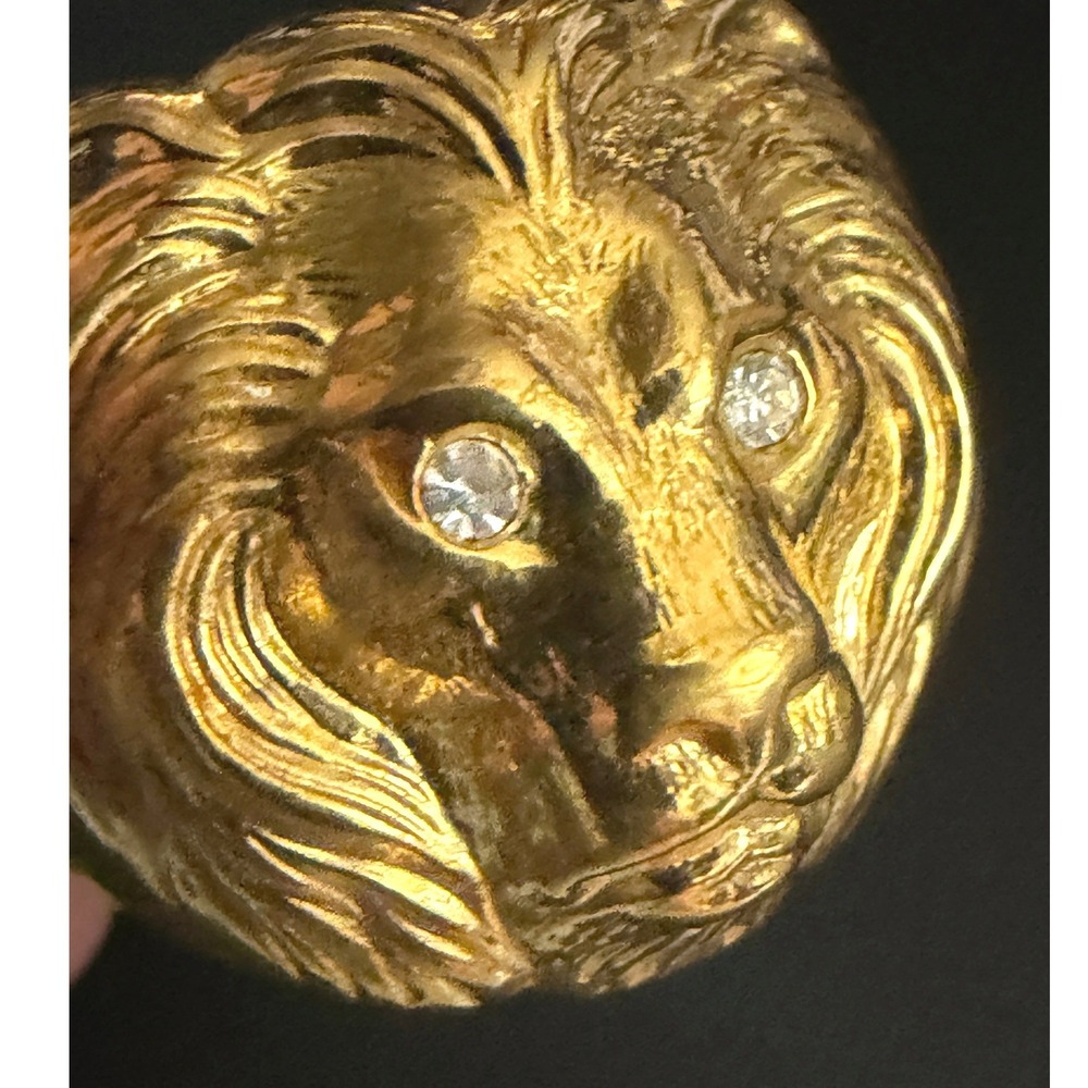 Vintage Lion Head Ring Men Gold Plated Rhinestone Eyes Signet Size 12.5